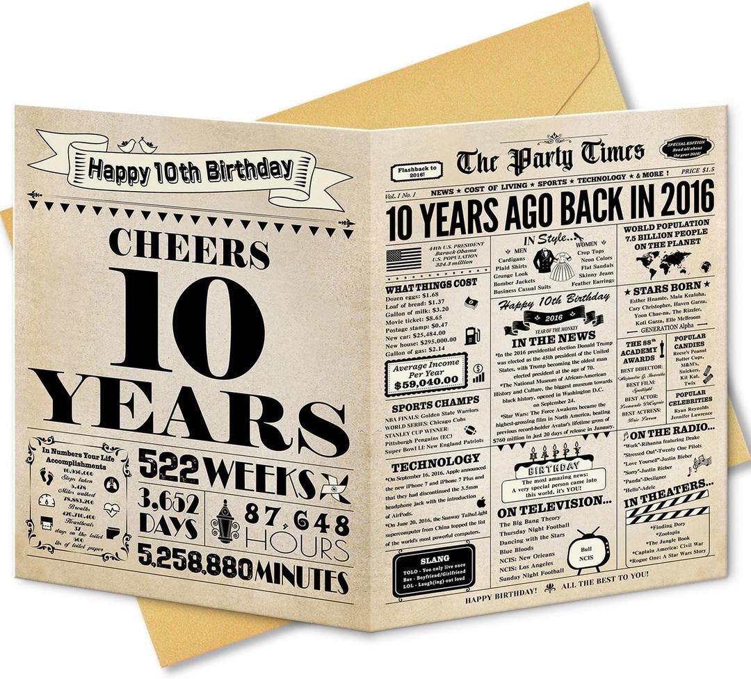 BGTCARDS 10th Birthday Card, 10th Birthday Decorations for Girl Boys, Funny Gifts for Daughter Son, Back in 2016 Card (Vintage)
