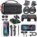 Switch 2 Accessories Bundle Kit for Nintendo Switch 2, Carrying Case for Switch 2/Switch/Oled, Joycon Charger, Screen Protectors, Steering Wheel, Joypad Grip, Game Cards Case & More for Nintendo Switch 2 Only