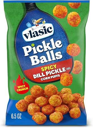 Vlasic Pickle Balls, Spicy Dill Pickle Corn Puffs, 6.5 oz. (12-pk) Vlasic Dill Pickle flavored corn puffs; gluten-free; perfect for lunchboxes & game day; a fun gift for pickle lovers BBD: 05-19-26