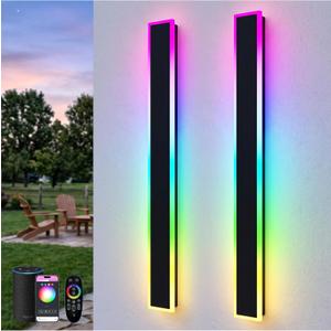 2 Pack 23.6in Modern RGB Outdoor Wall Lights, RGB/Warm/White & 10%-100% Dimmable, IP65 Waterproof, LED Exterior Lighting Fixtures with Voice, Remote and APP Control for Garage, Porch