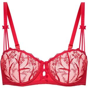 Deyllo Womens Balconette Lace Bra Underwire Unlined Sheer Lace See Through Non Padded (34B, Red)