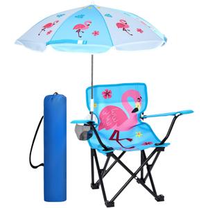 Outdoor Toddler Camping Chair with Umbrella Foldable Beach Chairs with Safety Lock for Kids Waterproof Lawn Kids Folding Chair for Outside Beach Travel(Flamingo)