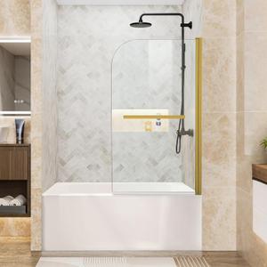 Bathtub Shower Door, 34" W x 58" H Hinged Bathtub Glass Door Semi-Frameless Bypass 1/4"(6mm) Tempered Glass Shower Door with Explosion-Proof Film Stainless Steel Brushed Gold