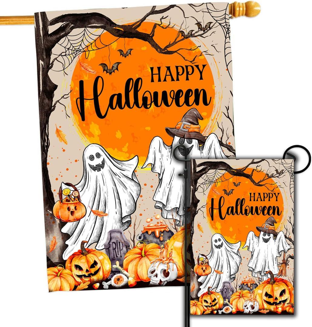 2 x Ghost Halloween Flag Set - 2 House Flags (28 x 40) & 2 Garden Flags (12x18) Double Sided