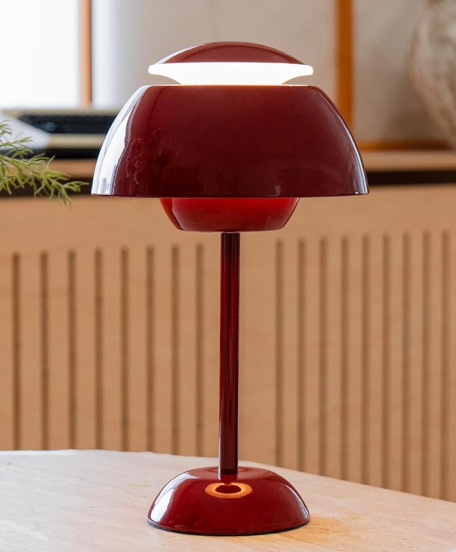 Flowerpot Cordless Table Lamp, 5000mAh Battery Mushroom Lamps,Portable Patio Table Lamp,Small Rechargeable Lamp for Nightstand,Dimmable Touch Bedroom Lamp for Indoor Outdoor (Wine Red)