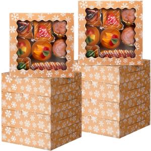 FoldTier 48 Pcs Kraft Christmas Cookie Boxes with Window Bulk 9 x 9 x 2.5 Inch Xmas Snowflake Bakery Gift Boxes for Christmas Party Favors Gift Giving