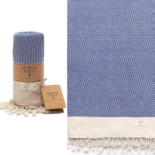 SMYRNA TURKISH COTTON Vintage Series Turkish Beach Towel Oversized, 47x66 inch, Extra Large Quick Dry Sand Free Beach Blanket, Lightweight Cotton Pool, Spa, Travel, Gym, Adult Bath Towel, Azure