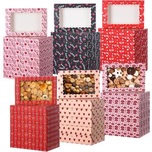 Tenare 48 Pcs Valentine's Day Treat Boxes 12 x 8 x 2.5 Inch Valentines Heart Gift Boxes Bulk with Window for Women Valentine's Gift Giving Chocolate Donut Cupcake Cookie Packaging
