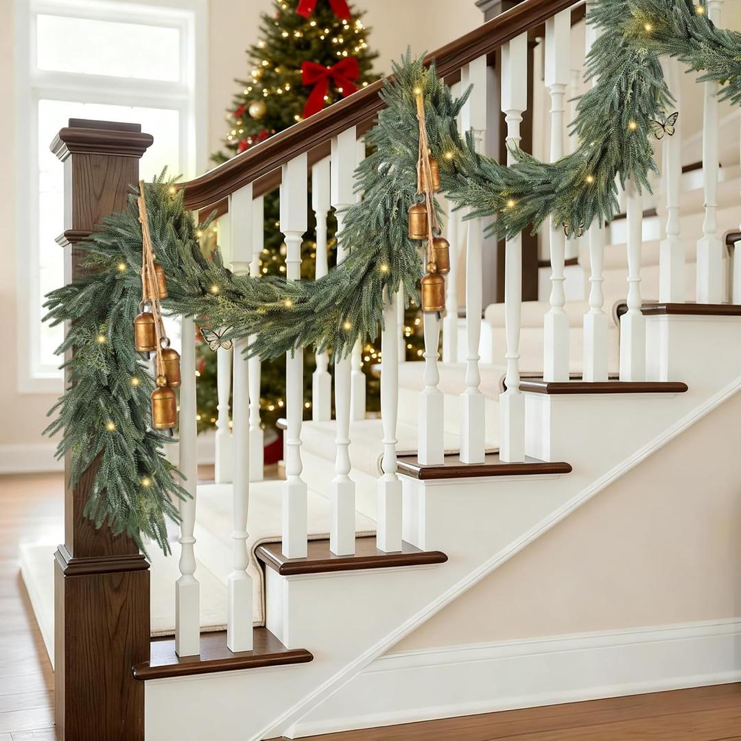 Fovths 6 Ft Christmas Garlands with Lights and Bells Real Touch Norfork Cedar Pine Garland Artificial Greenery Garlands for Christmas Mantle, Table Indoor Outdoor Decorations, Green and White