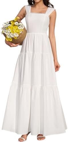 KUTUMAI Floral Maxi Long Dress Lace Up Square Neck Flowy Summer Wedding Guest Dresses for Women 2026, S