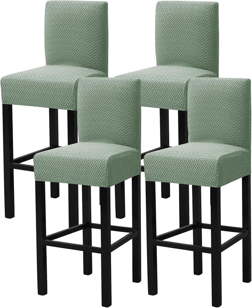 Gollense Bar Stool Covers Set of 4 Stretch Jacquard Barstool Slipcovers Washable Dining Chair Seat Covers with Back Removable Pub Counter Tall Chair Protectors for Kitchen Island Chairs (Light Green)