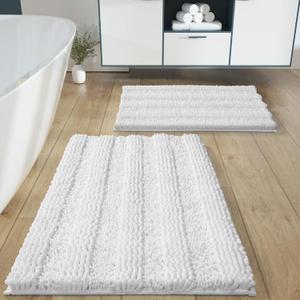 Yimobra Bathroom Rug Set 2 Piece, Soft Absorbent Chenille Bath Mat Set, Non Slip Machine Washable Quick Dry, Plush Shower Rugs for Bathroom Floor Sink Tub and Shower Outside, 32"x20"+24"x17", White