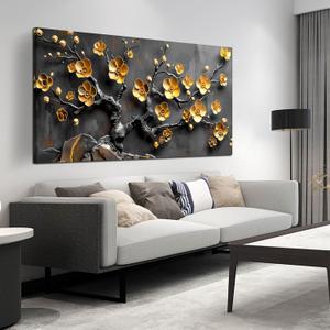 Large Canvas Wall Art for Living Room Bedroom Home Office Grey and Gold Metal Color Plum Blossom Picture Modern Canvas Prints Framed Wall Decor Size 29x59