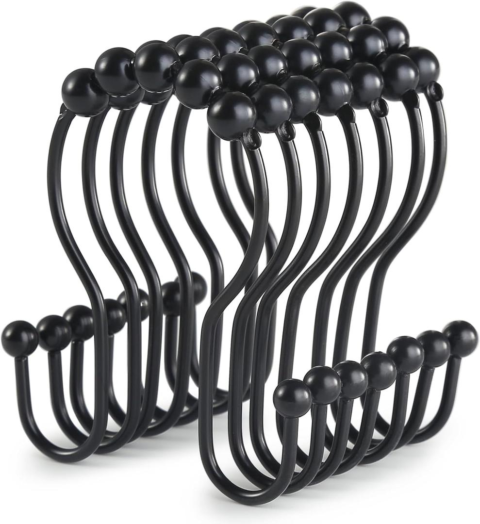 Goowin Shower Curtain Hooks, 12 Pcs Shower Curtain Rings, Stainless Steel Black Shower Curtain Hooks, Shower Curtain Rings Rust Proof, Smooth Sliding Anti-Drop Double Shower Rings for Curtain (Black) (Modern)