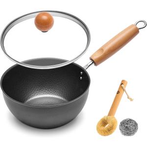 WANGYUANJI 1.5QT Iron Saucepan with Lid, Hammered Milk Pot for Boiling Ramen, Removable Wood Handle for Camping & Storage, Non-Coated Small Cookware for Single Serving, Induction Compatible (7.1 inch, 7.1 inch)