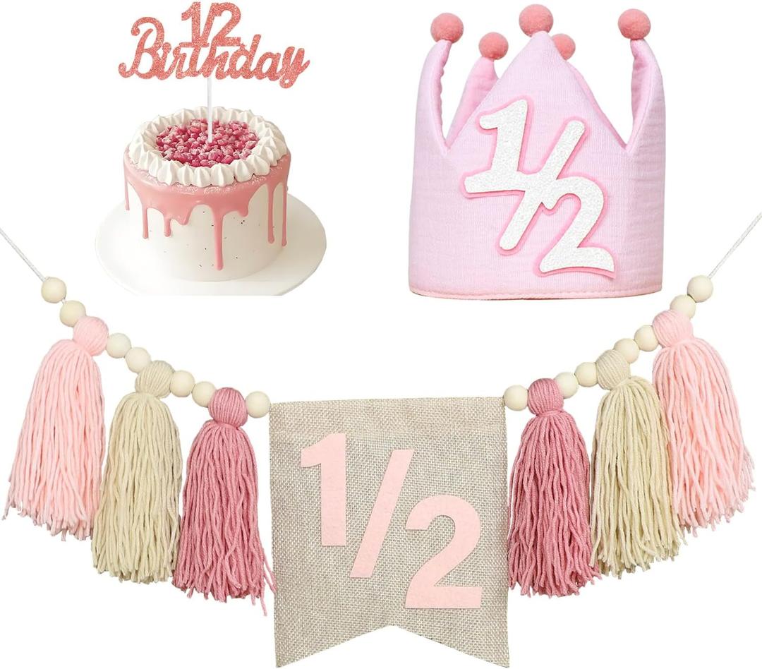 Birthday Decoration Set - High Chair Banner, Crown Theme Banner, Birthday Hat, Birthday Cake Topper, Photo Props, Pink Crown