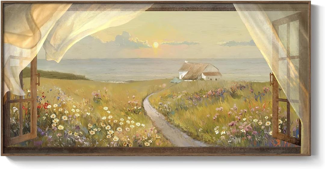 Extra Large Vintage Framed Canvas Wall Art for Living Room - Window Landscape Farmhouse Artwork Prints Nature Scenery Warm Sunset Wildflower Coastal Retro Rustic Painting Pictures for Bedroom 30x60 In