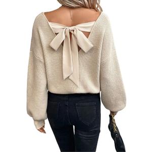V Neck Sweaters Woman,Off The Shoulder Sweater Top,Fitted Long Sleeve Shirt Women,Tie Back Sweater,Knit Sweater (Large, Apricot)