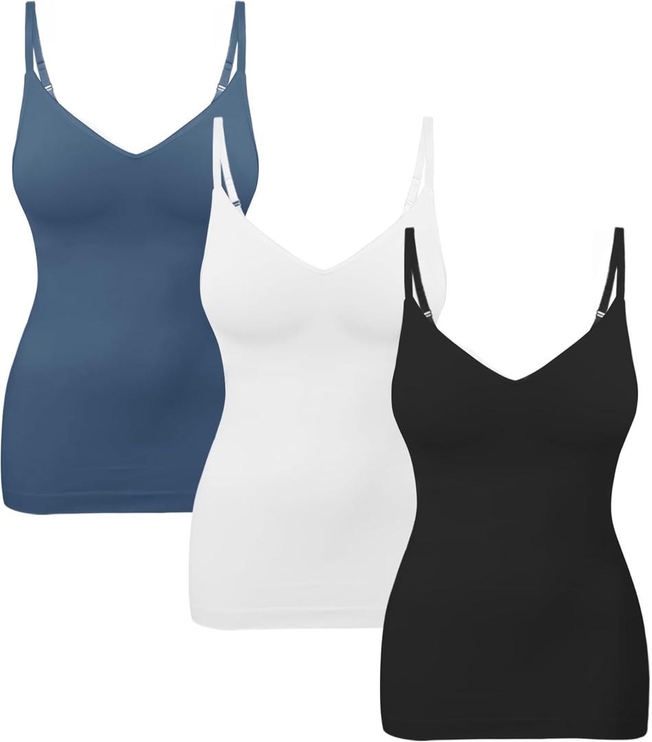 EUYZOU Womens Tummy Control Shapewear Tank Tops Seamless V-Neck Compression Tank Tops Body Shaper Camisole (Medium, Black/White/Blue 3pk)