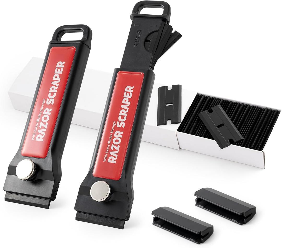 Gomake Plastic Razor Blade Scraper Tool with Blade Container 2PCS Razor Scraper with Extra 100PCS Plastic Blades for Adhesive Labels and Decals Sticker Removal on Car Window Glass Floor (W80)