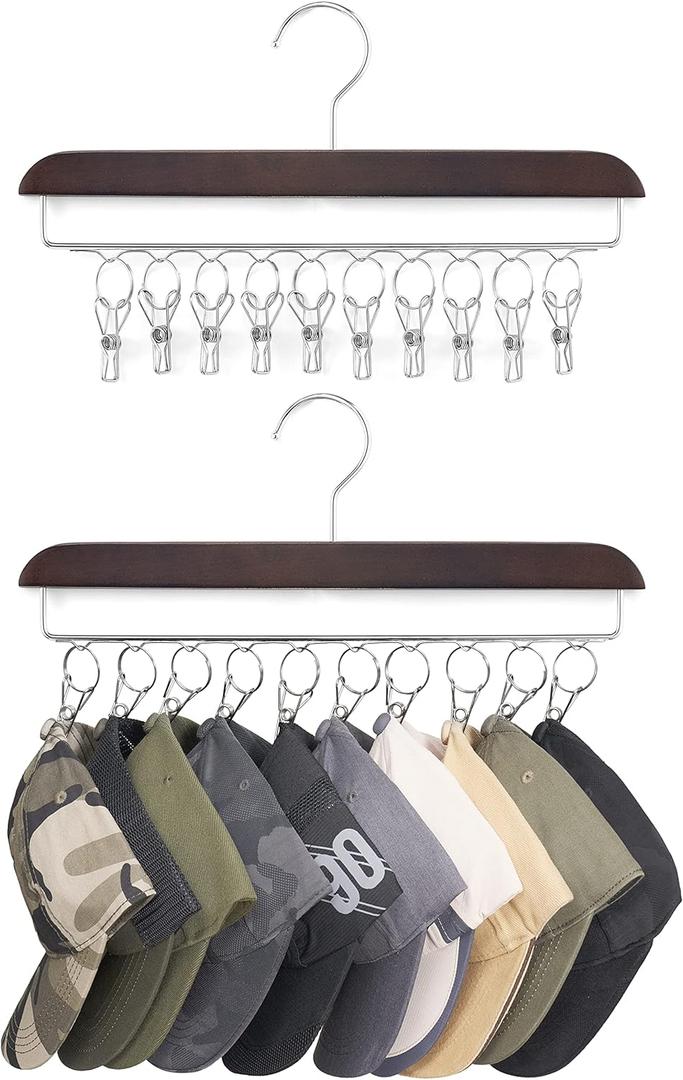 Mkono Hat Hangers for Closet Set of 2 Wooden Hat Organizer Racks for Baseball Caps with 20 Stainless Steel Clips, Baseball Hat Holder for Closet Storage, Fits All Caps, Walnut Color