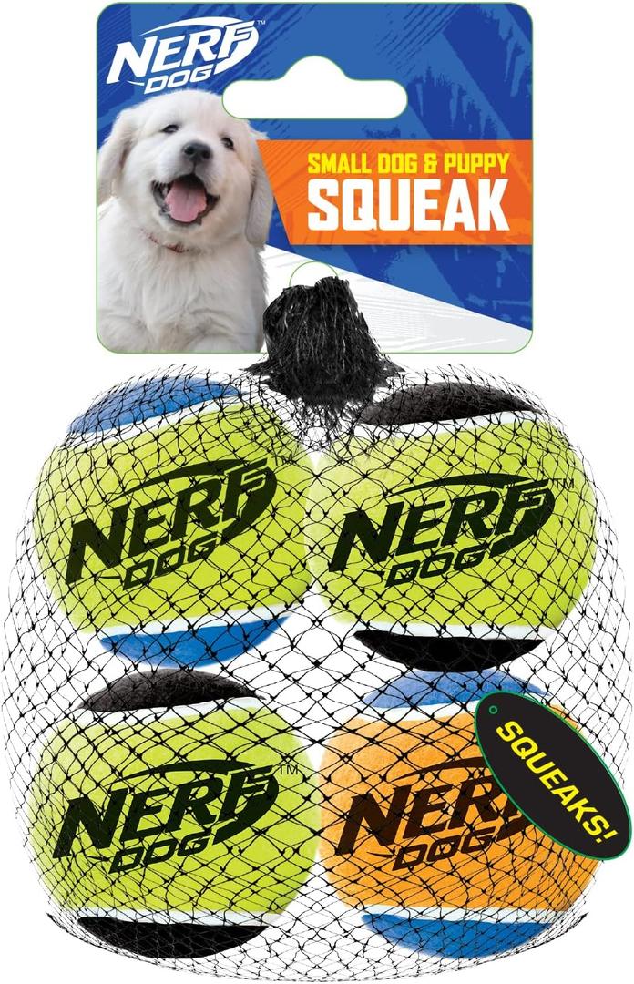 Nerf Dog Tennis Ball Dog Toys with Interactive Squeaker, Lightweight, Durable and Water Resistant, 1.75 Inches, For Small Breeds, Mixed Colors, 4 Count(Pack of 1)
