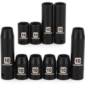 MIXPOWER 10PCS 1/4" & 3/8" Drive 10mm Deep&Shallow Socket, 6 Point & 12 Point, CR-V, Metric, Black Phosphate Finish