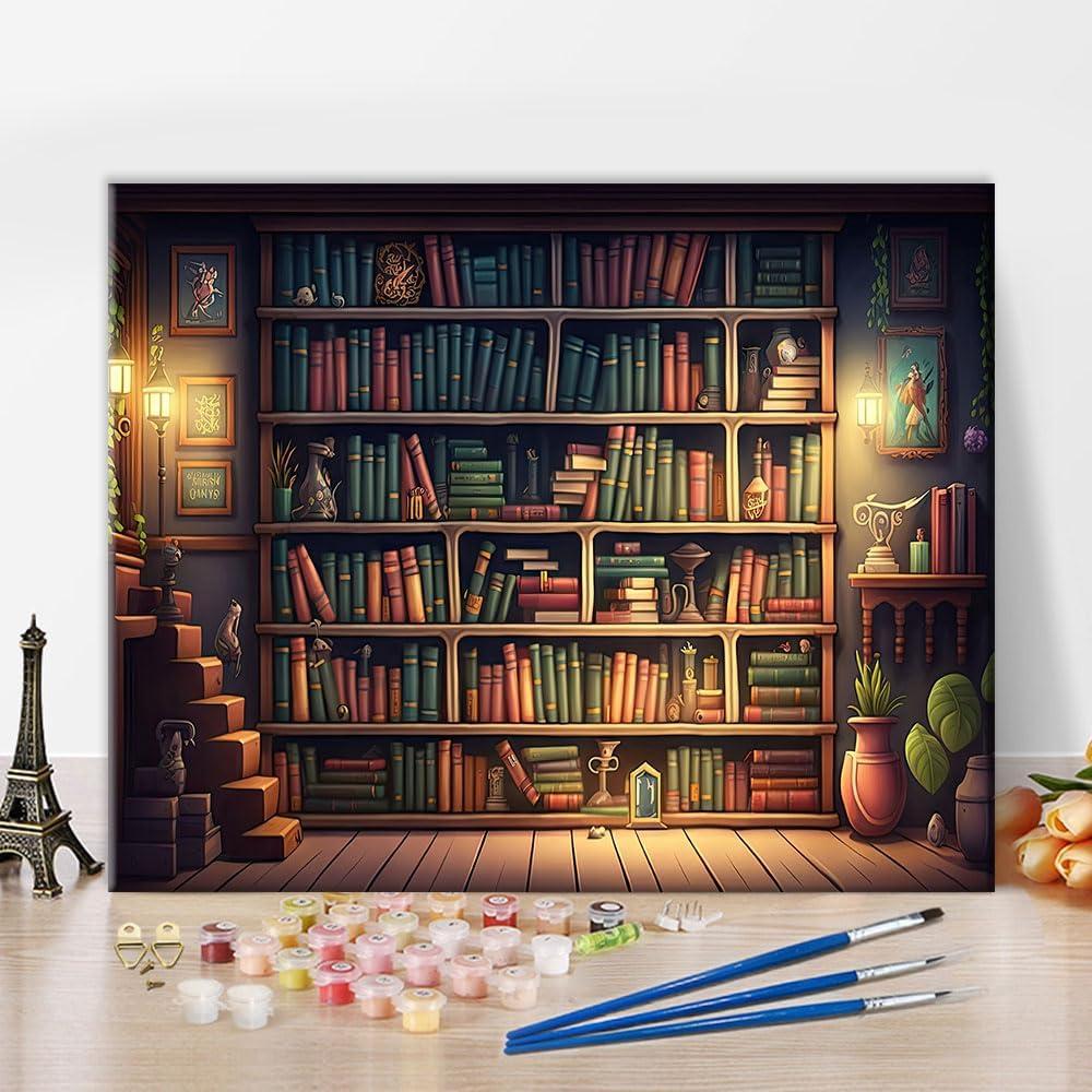 TUMOVO Frameless Bookshelves DIY Painting by Numbers for Beginners Books Paint by Number Kits for Adults Home Decoration Acrylic Simple Bookshelf Paint by Number Canvas for Gift 16x20 Inch