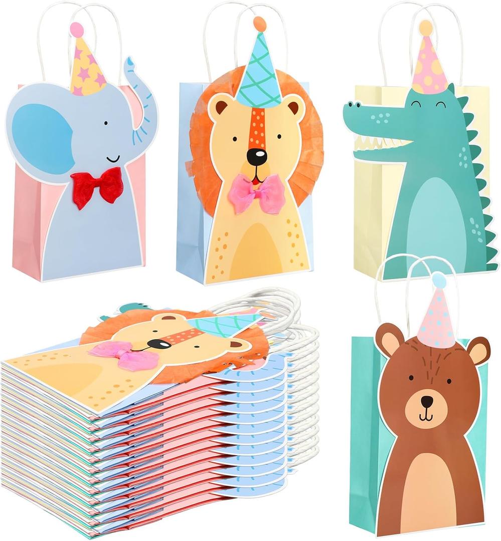 Marspark 20 Pcs Animal Parade Party Gifts Bags with Handles Cute Safari Animal Design Woodland Jungle Paper Bags for Jungle Theme Baby Shower Zoo Wild Birthday Party Supplies