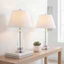 JONATHAN Y 29" Clear/Chrome Glass LED Table Lamp Set of 2, Modern Bedside Nightstand Lamps for Living Room Bedroom Office, White Linen Shade, Transitional Decor JYL4014A-SET2