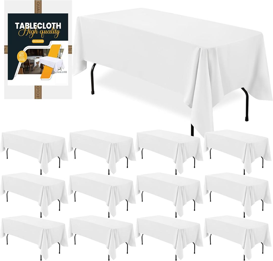 BIGTONE 12 Pack White Rectangle Tablecloth 60 x 102 Inch, Cross Ribbon Packing Reusable Table Clothes for 6 Foot Tables, Wrinkle Resistant Polyester Fabric Table Cover for Wedding, Party, Banquet