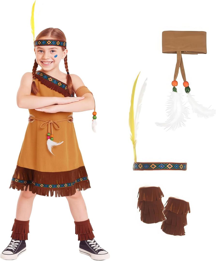 fun shack Girls Native American Costume Childrens Brown Fringed Indian Dress Outfit (Small)
