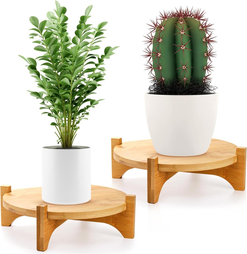 2 Pack Bamboo Plant Stand, Mid Century Modern Planter Stand, Detachable Flower Pot Holder, Sturdy Potted Plant Rack for Indoor Outdoor Garden Home, Fits Up to 8 Inch Planter (Pot Not Included)