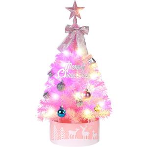 2FT Pre-lit Small Christmas Tree with Lights, Pink Small Christmas Tree with Balls & Star Topper, 3 Lighting Modes Tabletop Xmas Trees for Home, Office, Indoor Decor (Battery Not Included)