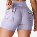 YEOREO CoreFlex Scrunch Workout Shorts with Pockets Charm Gym Biker Shorts for Women High Waisted Booty Yoga (Purple, S)