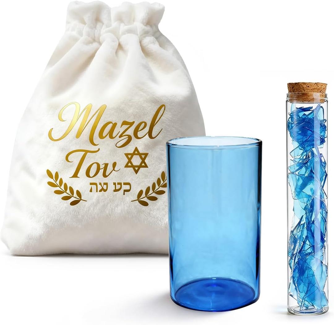 3pcs Jewish Wedding Chuppah Breaking Glass Jewish Gifts for Couples, with Blue Glass, Souvenir Vessel, Drawstring Bag (Blue)