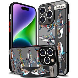 Cisland Compatible for iPhone 14 Pro Case Cute with Strap Stand Finger Kickstand, Designer Cool Silicone Cases Funda Cover - Blue Marine Shark 2Pcs