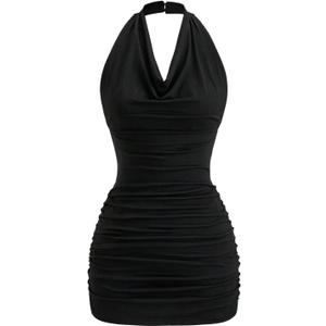 SOLY HUX Women's Halter Mini Dress Ruched Draped Cowl Neck Sleeveless Backless Bodycon Party Dresses (Medium)
