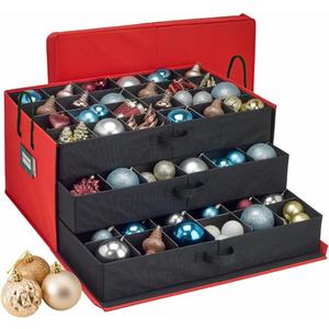 HOLDN STORAGE Christmas Ornament Storage Box with Dividers, Holds Up to 72 Ornaments (4 Inches), Large Organizer with 3 Stackable Trays - Red