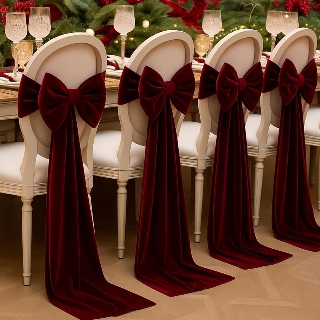 Burgundy 6 Pcs Christmas Chair Sashes 157'' Decorative Bows Chair Cover with 12 Pins for Dinning Room Decoration Wedding Reception Restaurant Event Decoration Banquet Party (Velvet)