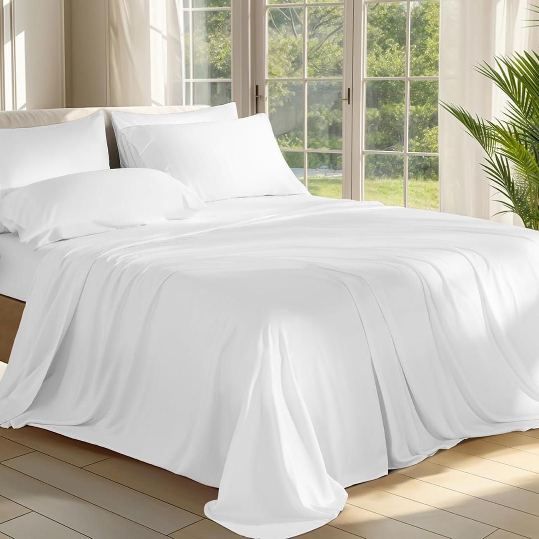 Shilucheng 100% Viscose Derived from Bamboo_ Sheets Full Size 6pcs - Ultra Cooling & Silky Soft Bed Sheets, 16" Deep Pocket, Perfect for Hot Sleepers, Hotel Bedding Sheets (White)