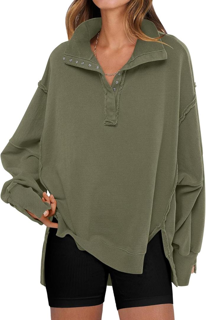ANRABESS Women's Sweatshirts Oversized Casual Loose Button Up Henley Pullover Top High Low Split 2025 Fall Fashion Outfits (Medium, Army Green)