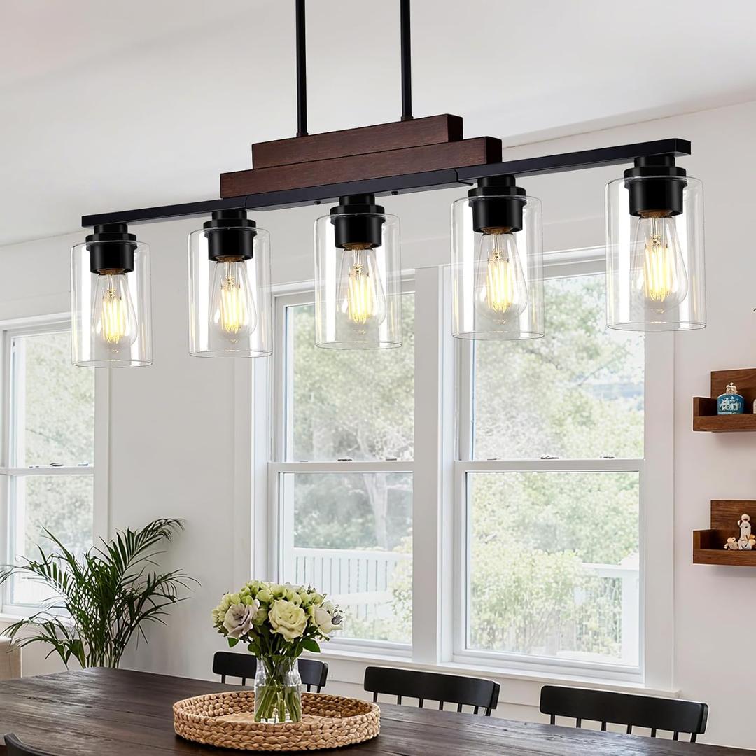 Dining Room Light Fixture Over Table, 5-Light Farmhouse Chandeliers for Dining Room Hanging, Linear Pendant Lights Kitchen Island Lighting, Wood Ceiling Light Fixture with Clear Glass Shade, Black (Black & Reddish Brown)