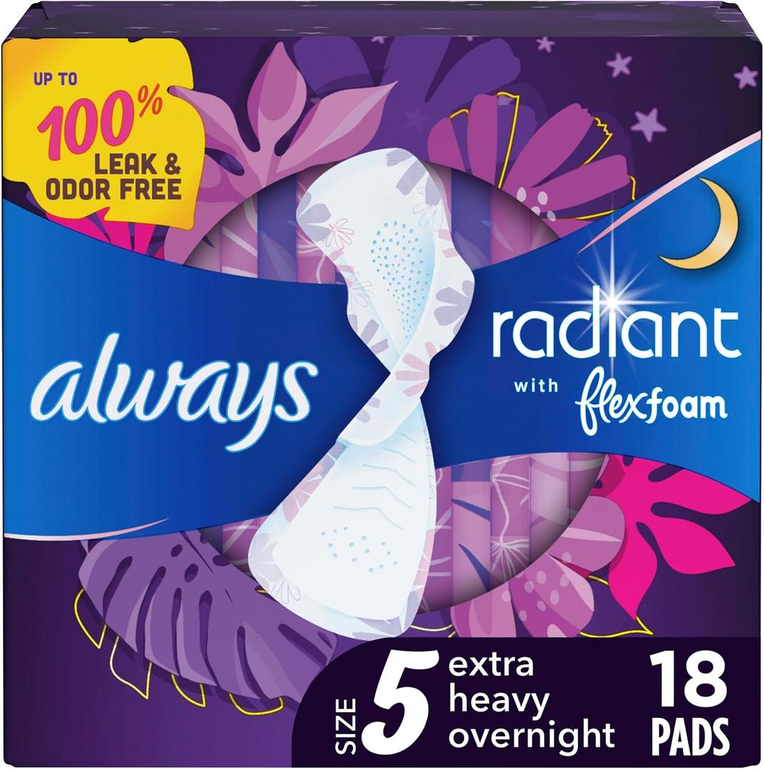 Always Radiant Flexfoam Pads for Women, Size 5, Extra Heavy Overnight Absorbency, With Wings, Scented, 18 Count
