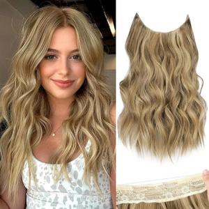 KooKaStyle Invisible Wire Hair Extensions with Transparent Headband Adjustable Size 4 Secure Clips Long Wavy Secret Wire Hairpiece for Women(16 Inch Light Brown mix Golden Blonde)