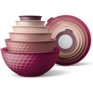 COOK WITH COLOR Mixing Bowls with Lids - 12 Piece Plastic Nesting Bowls Set includes 6 Prep Bowls and 6 Lids, Microwave Safe Mixing Bowl Set, Rose Embossed