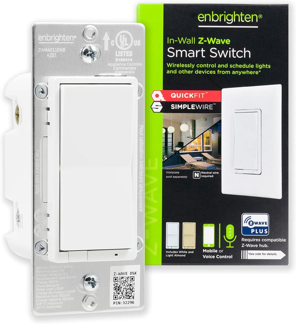 Enbrighten Z-Wave In-Wall Smart Light Switch with QuickFit and SimpleWire, Works with Google Assistant, Alexa, & SmartThings, Z-Wave Hub Required, Smart Home, 700 Series, 58433 (1 Pack)