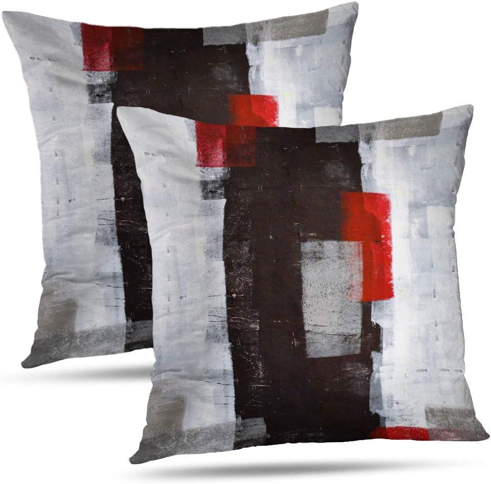 Red and Grey Abstract Art Pillow Cover, Modern Black White Wall Decorative Throw Pillows Cushion Cover for Bedroom Sofa Living Room 18 x 18 Inch Set of 2