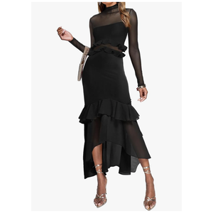 Aisbei Women's Elegant Bodycon Maxi Dress Mock Neck Long Sleeve Ruffle Mesh Party Cocktail Formal Wedding Guest Dresses, Black, XS