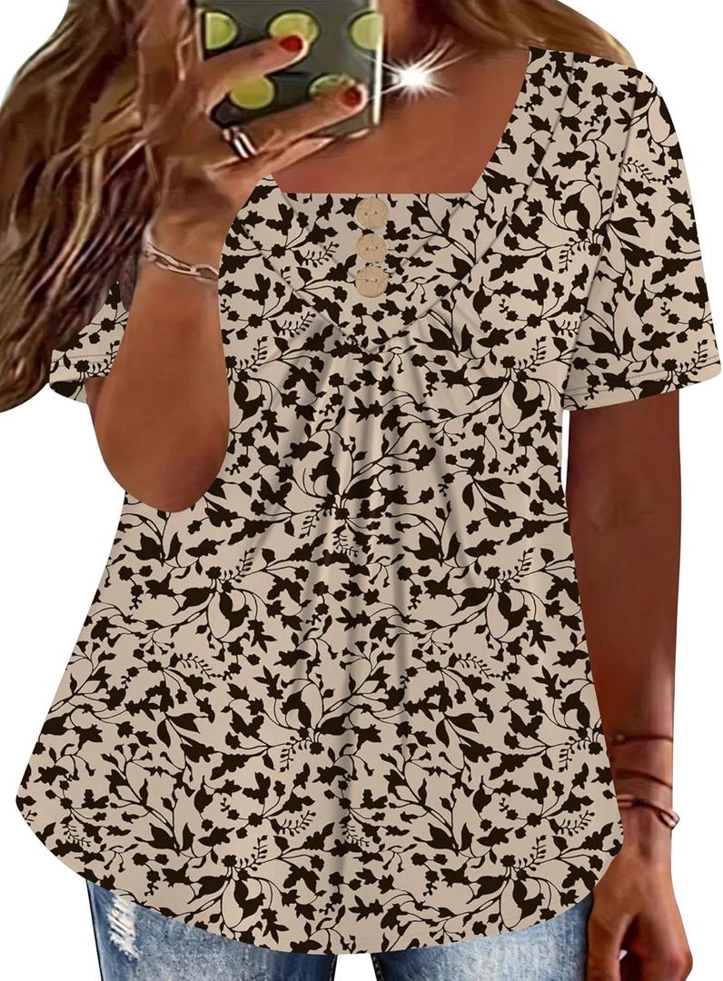 TFSDOD Beach Vacation Clothes for Women Plus Size Womens Clothing Short Sleeve Tops for Women V Neck Button Up Clothing Floral Printed Resort Shirts Apricot Black Floral 4XL